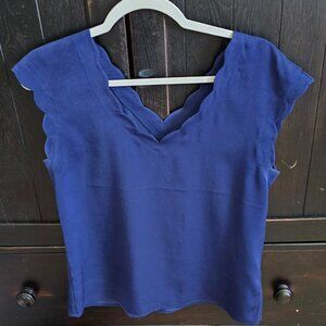 Express Navy Scalloped Satin V Neck Blouse Small